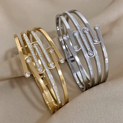 Greatera Inlaid Cubic Zirconia Intersect Stainless Steel Bangles Bracelets for Women Chunky Gold Plated Waterproof Jewelry 2023