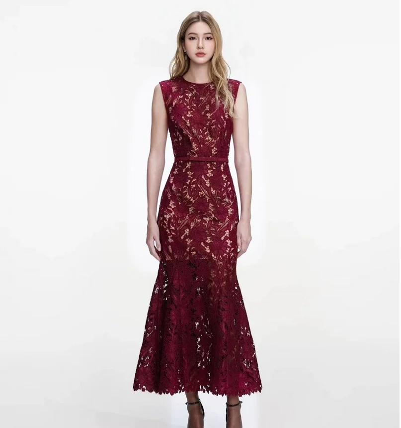 Spring and summer new embroidered lace fishtail dress slim fit dress