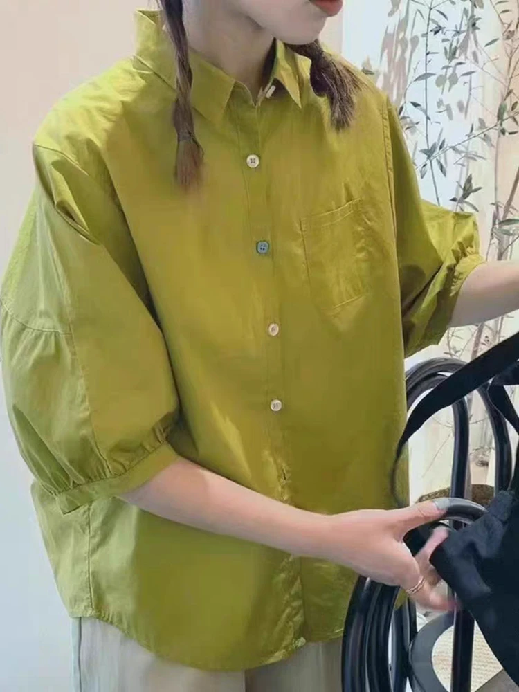 Estate New Sle Donna Allentato ort Sve irt Colletto Flip Cotone Pettinato Batwing Sve Faionable Casual Busin irt
