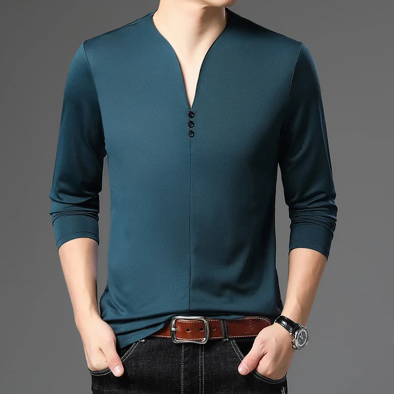 

New Middle-Aged Ice Silk Long Sleeve T-shirt Men's Autumn Fashion Casual V-neck Bottoming Shirt Thin T-shirt