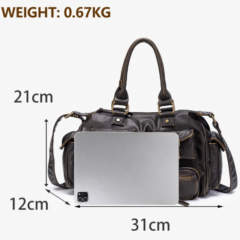 Y2K Hot Girl Multi-pocket Workwear Style Shoulder Bag Large Capacity Retro Soft Washed Leather Motorcycle Street Handbag 2026