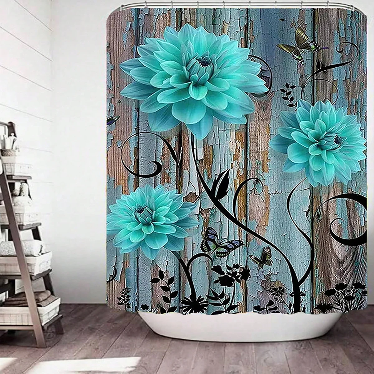 1 pc blue rose patterned polyester material shower curtain waterproof fabric, thickened anti mold partition curtain, bathroo