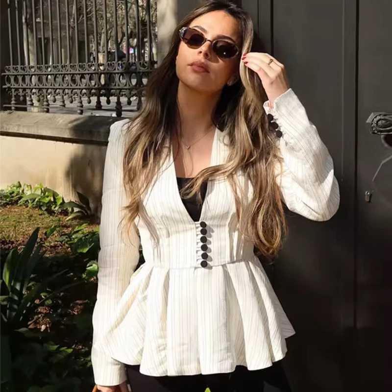 Blazer a rayas con volantes para mujer, blazer plisado para mujer, Tops de manga larga de verano para mujer, blazer de corte femenino, looks de oficina