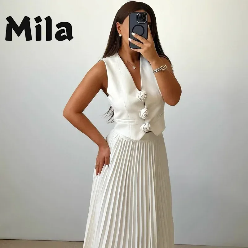 Summer Sleeveless Vest Skirt Pleated Skirt Long Sleeves Ensemble 2piece Femme Two-piece Ladies Set New Dress Sets Womens 2 Piece