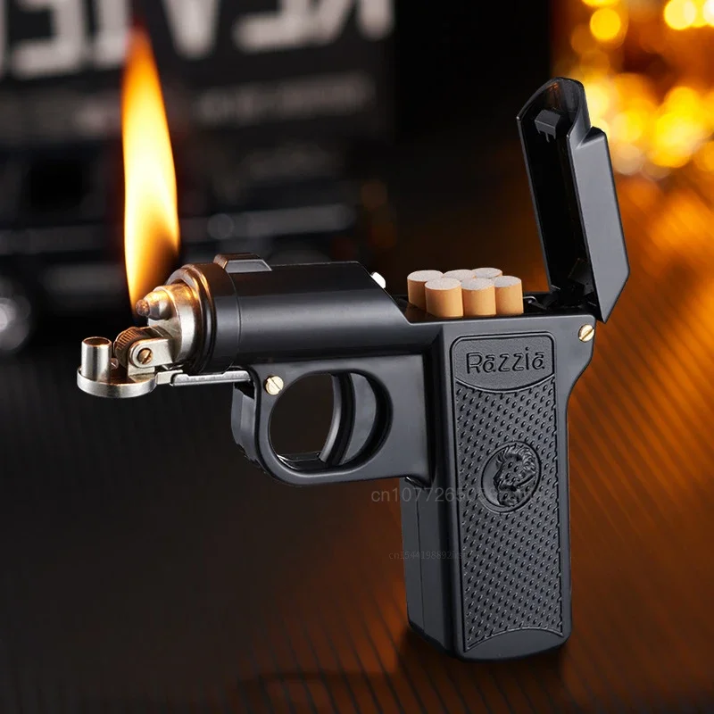 Creative Cigarette Case Lighter Portable Kerosene Toy Gun Lighter Can Hold 6 Cigarettes Cool Men Play Gadgets Cigarette Lighter