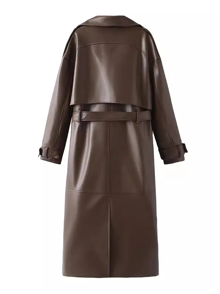 Faionable longo sve couro do plutônio blusão casaco feminino solto ajuste colarinho jaet com cinto outono inverno nova chegada