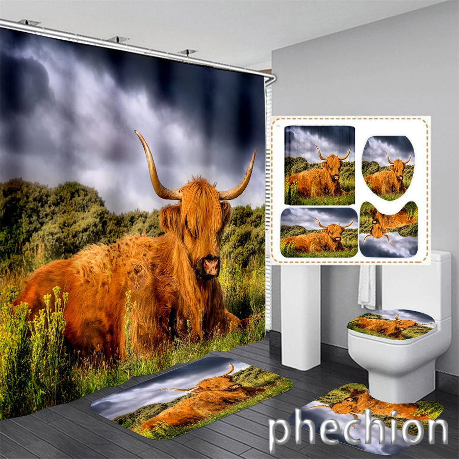 New 3D Print  Yak Shower Curtain Waterproof Bathroom Curtain Anti-slip Bath Mat Set Toilet Rugs Carpet VR45