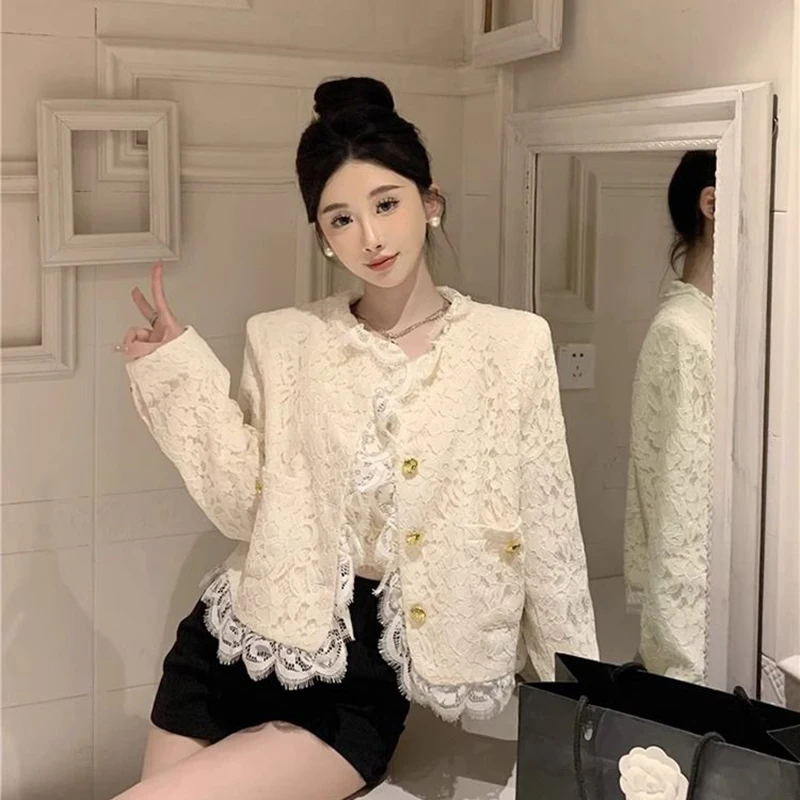 Korean Jacquard Lace Jacket Women Spring Fall Long Sleeve Commuter Coat White Gentle Patchwork Office Lady Crop Top