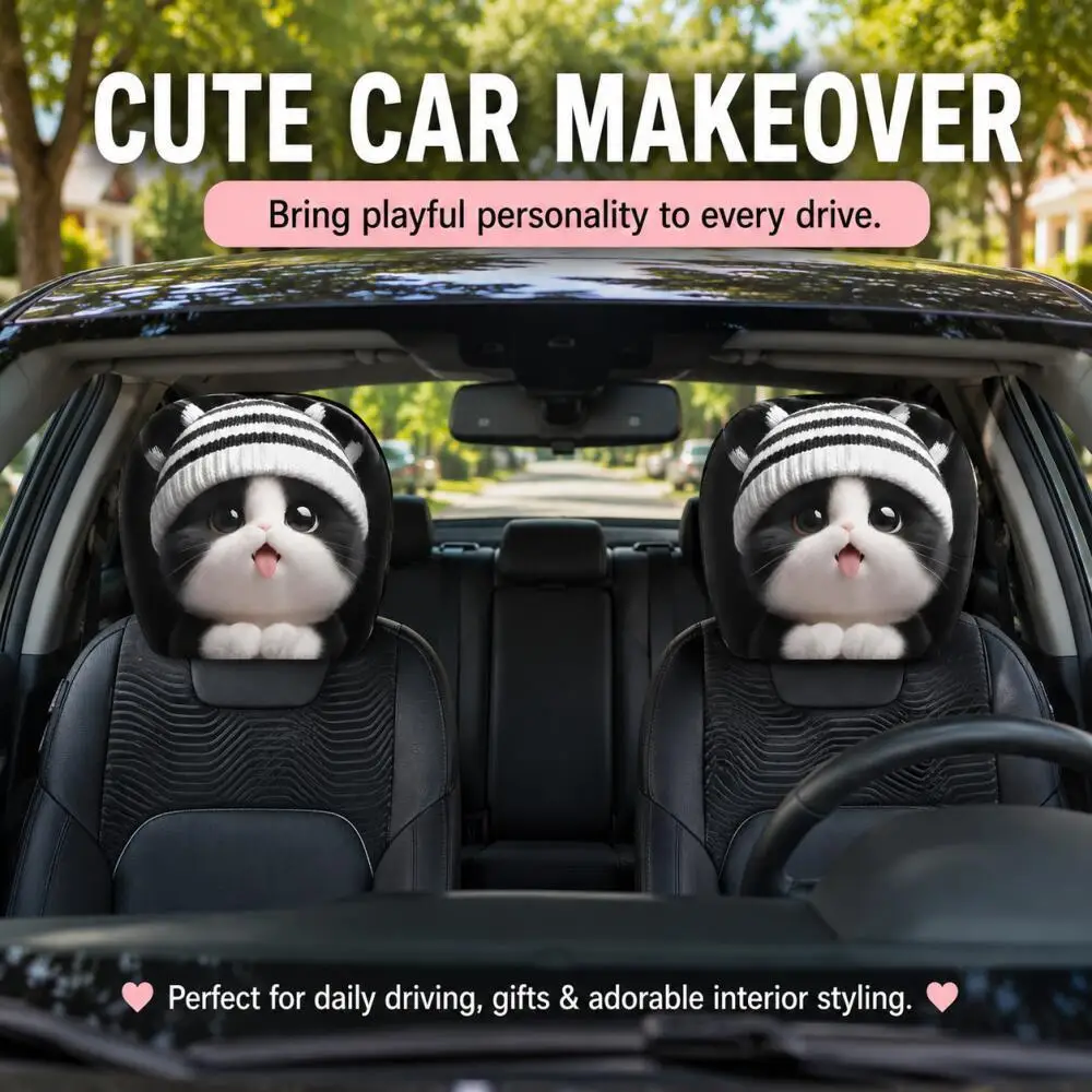 2 Pieces Cute Cat Print Car Headrest Covers Cartoon Kitten Beanie Pattern Universal Soft Fabric for Car Interior Decoration