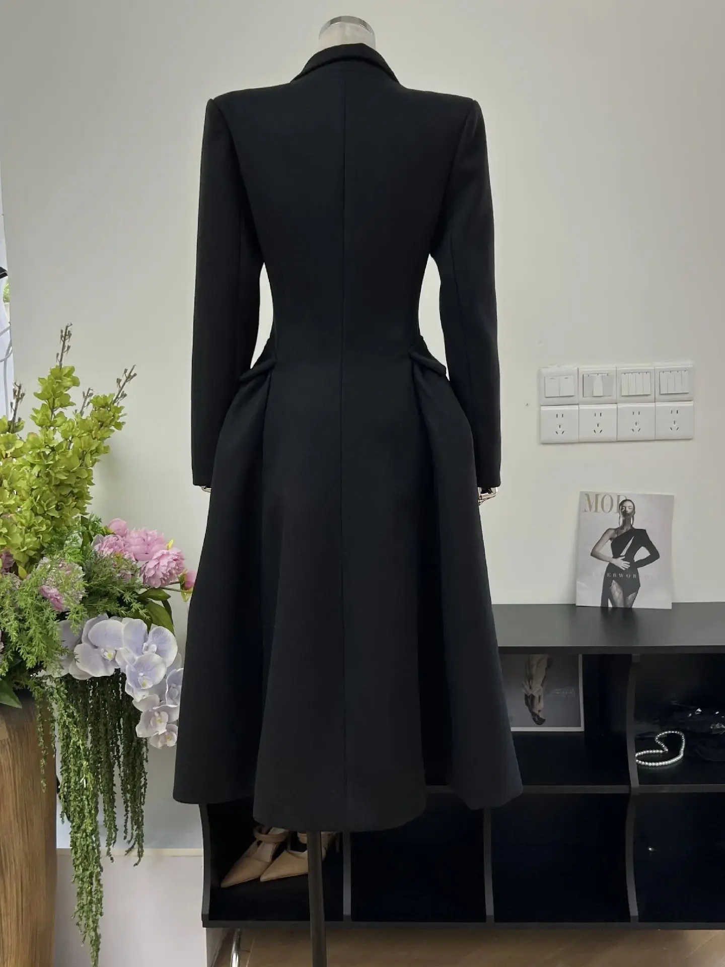 Jesienno-zimowy nowy płaszcz dwurzędowy z klapami damski vintage midi trencz elegancki świąteczny styl sukienki garniturowe na imprezę wieczorową