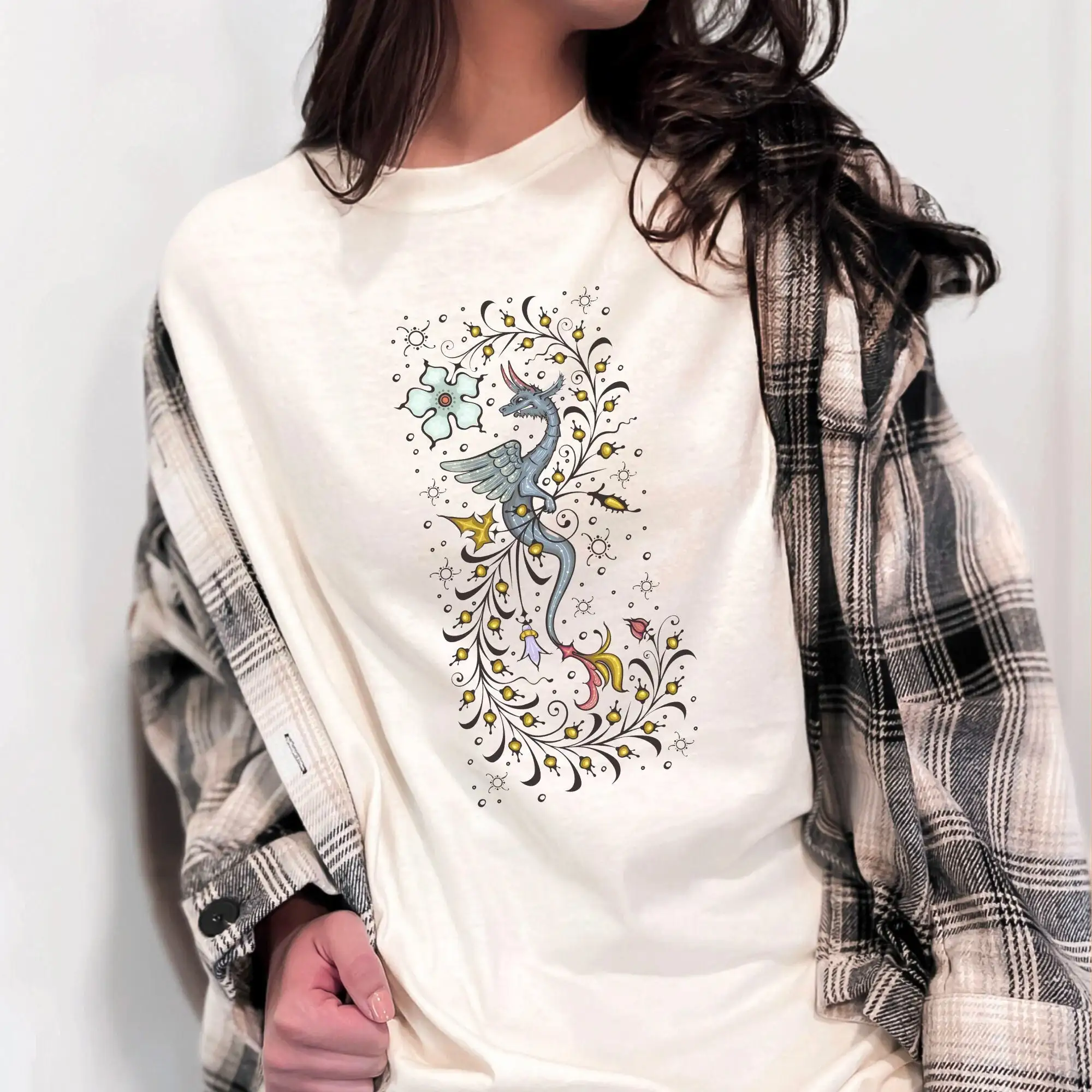 Fantasy Dragon T shirt Mystical Folklore Mythology Vintage Medieval Botanical Floral Illustration Goblincore