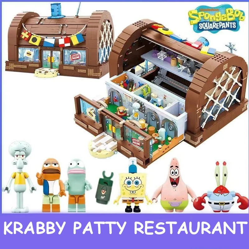 Spongebob Cartoon Krusty Krab Restaurant Building Blocks Creative Canteen Scenes Model Bricks Desktop Ornaments Toy For Kid Gift