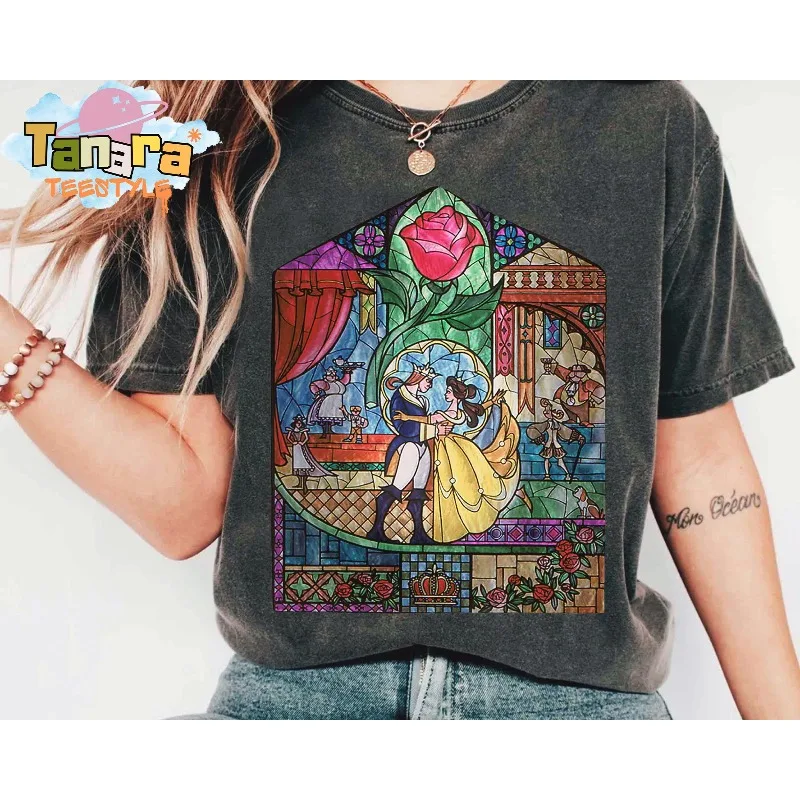 

Женская футболка Disney Beauty and Beast Color Glass Rose, новое летнее повседневное модное мужское и женское очень большое платье для пар