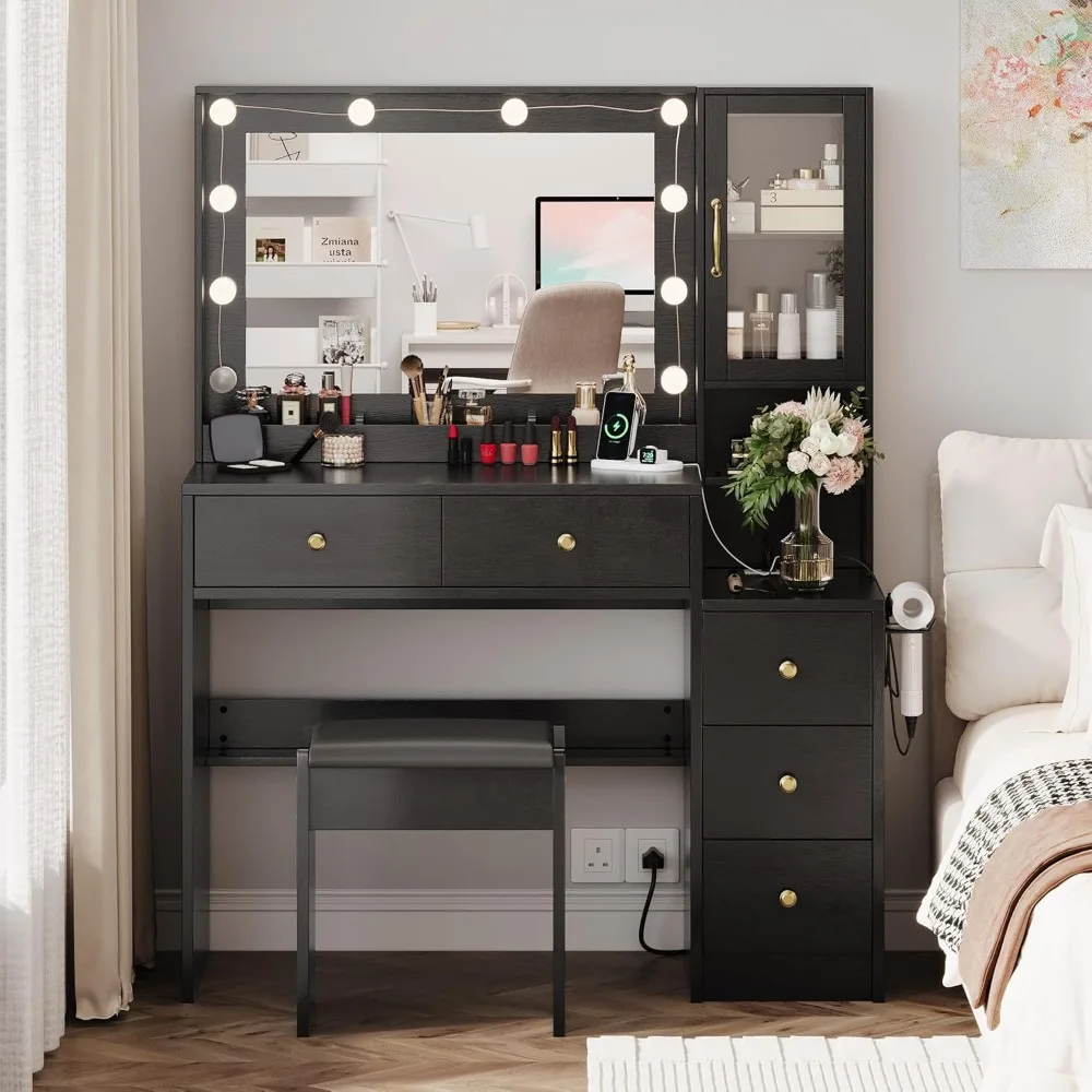 Makeup Vanity with Lights & Charging Station,Vanity Table with Drawers & Open Storage Shelves,Vanity Desk with Mirror Customized image 6