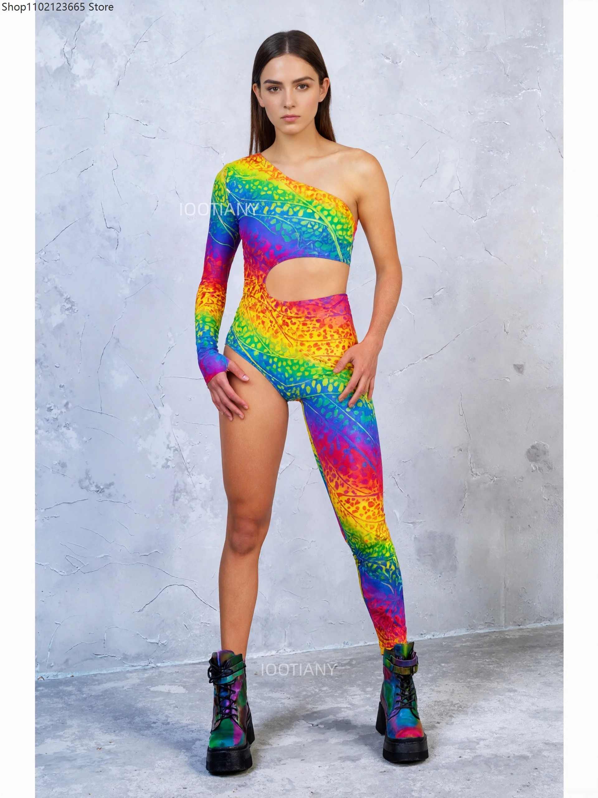 Holiday Art Jumpsuit Halloween Cosplay Women's Rainbow Carnival Bodysuit Leggings Carnival Party Masquerade Ball One-arm Tight view 4