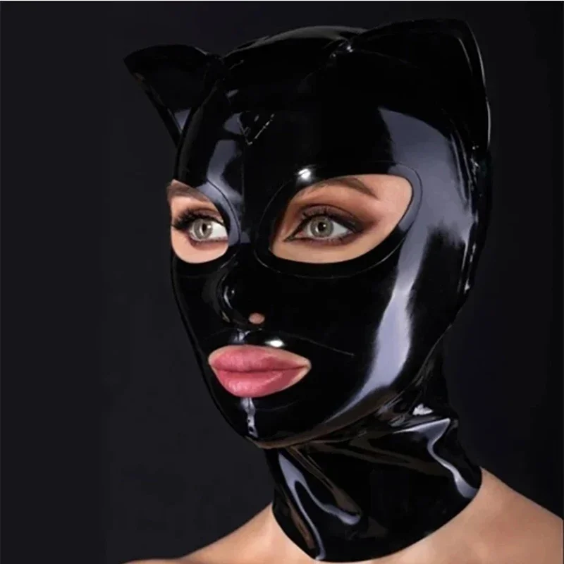 

Latex Hood with Cat Ears Back Zip Handmade Sexy Fetish Rubber Mask Cosplay Wear Halloween Costumes for Women