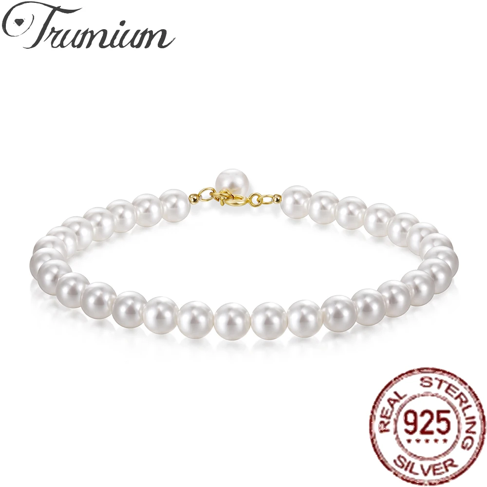 Trumium 925 Sterling Silver Real Pearl Bracelet for Women Girl Beaded Cultured Pearl Bangle Bridal Jewelry Gift