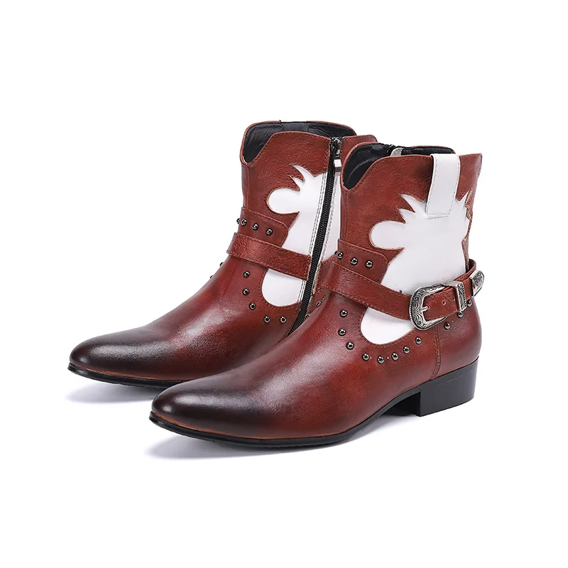 Fashion Mixed Color Splicing High Top Ankle Boots for Men Rivet Metal Square Toe Chunky Heel Belt Buckle Male Motorcycle Boots