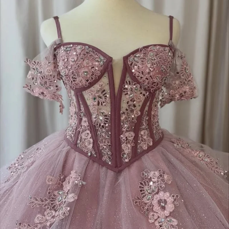 

Shiny Pink Quinceanera Dress off-shoulder Lace layering flower Decal Long tail Vestidos De 15 Quinceanera ﻿Customize