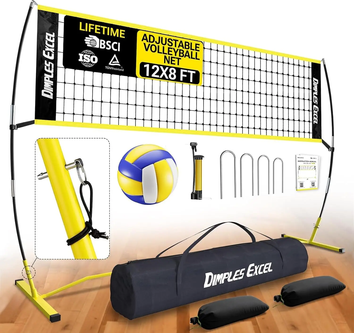 

12x8 FT Portable Volleyball Net Set with 4 Adjustable Heights (5.05-8 FT), Includes Ball, Pump, Bag & Sandbags for Indoor/Outdoor
