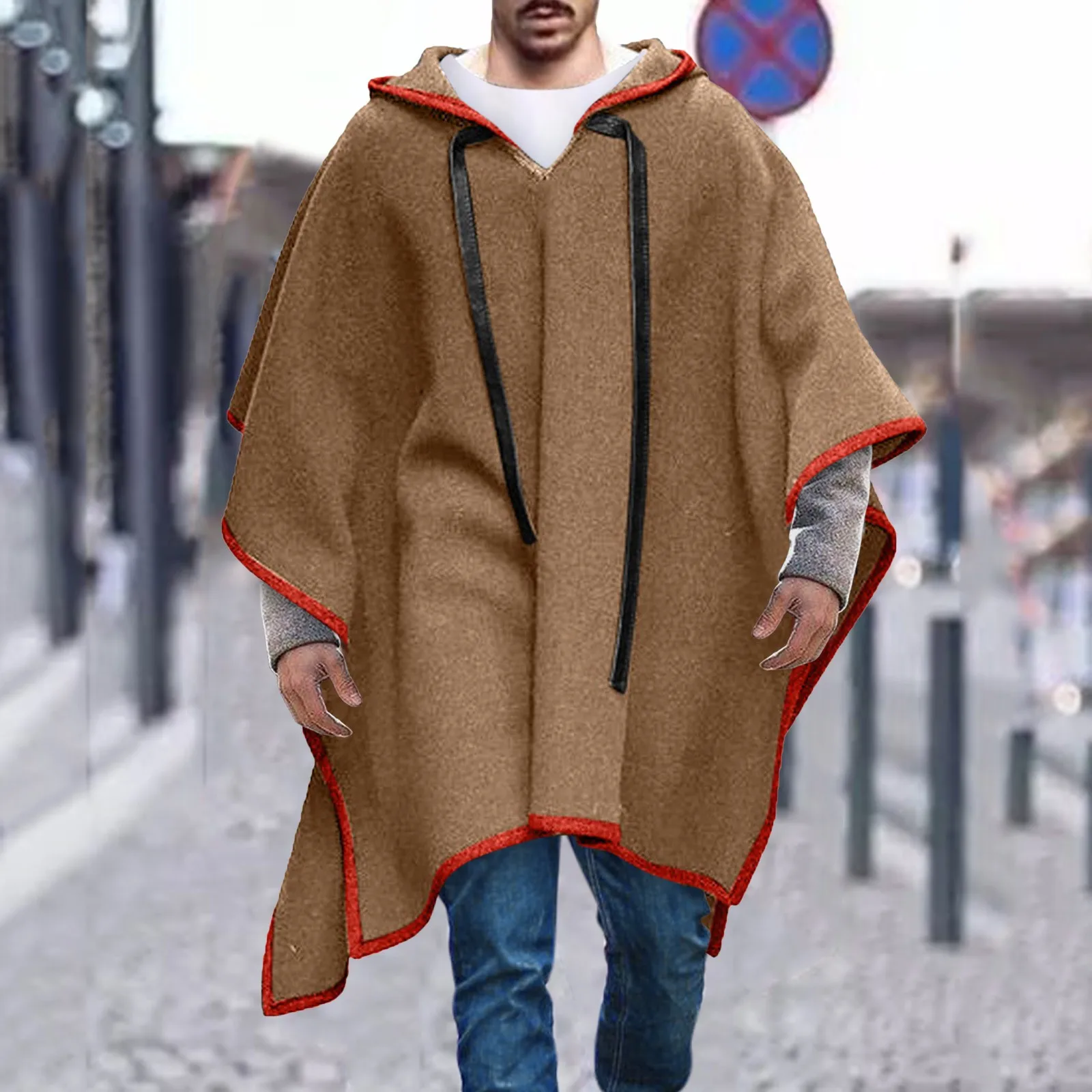 Men's Hoodie Trendy Male Coat Cape Coat Men Jacket Batwing Sleeve Geometric Pattern Drawstring Shawl Coat Drawstring