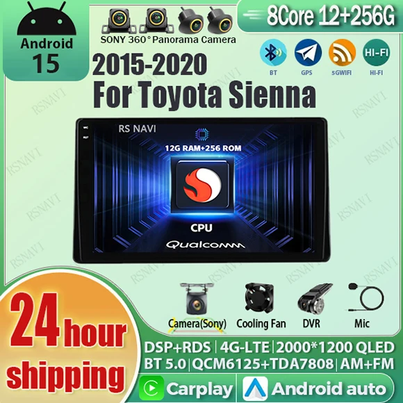 Android 15 Multimedia-Player Für Toyota Sienna 3 2015 - 2021 Auto Radio 2k Bildschirm Snapdragon GPS Carplay Wifi Qualcomm Snapdragon