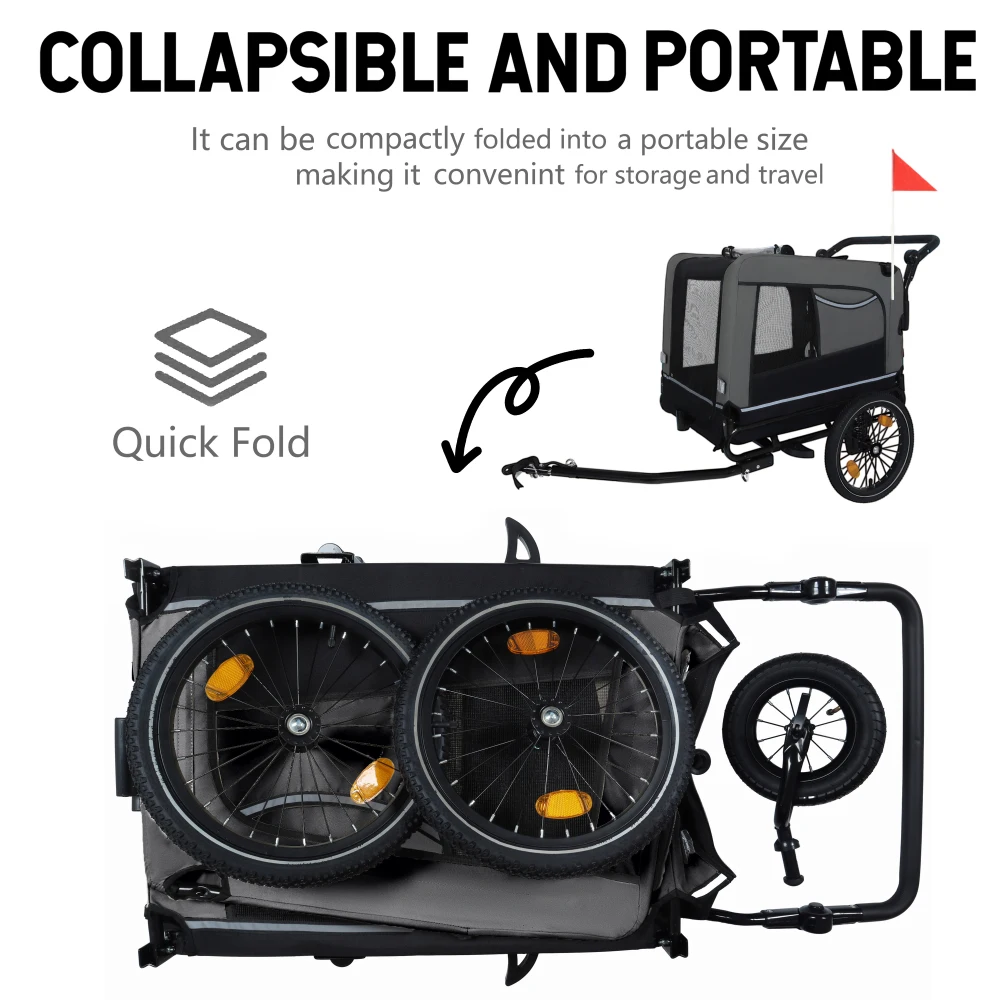 Reboque para Bicicleta para Animais de Estimação Extra Grande 2 em 1/Carrinho de Empurrar - Engate e Alça Destacáveis, Rodas para Todos os Terrenos, 88lbs Preto-Cinza