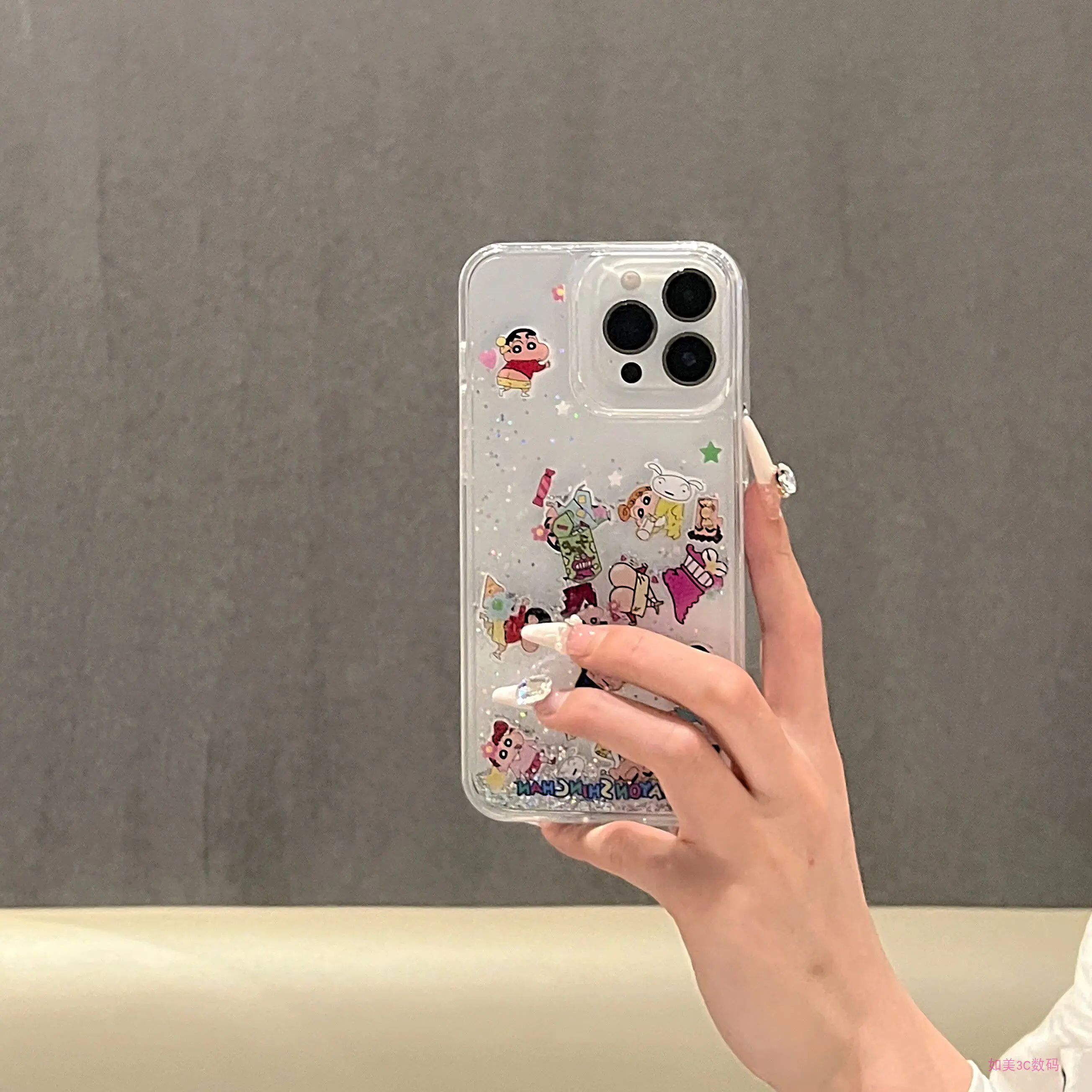 Cute Cartoon Japan Anime Crayon Shin chan Bling Glitter Quicksand Phone Case For iPhone 17 16 15 14 13 Pro Max Clear Hard Cover view 4