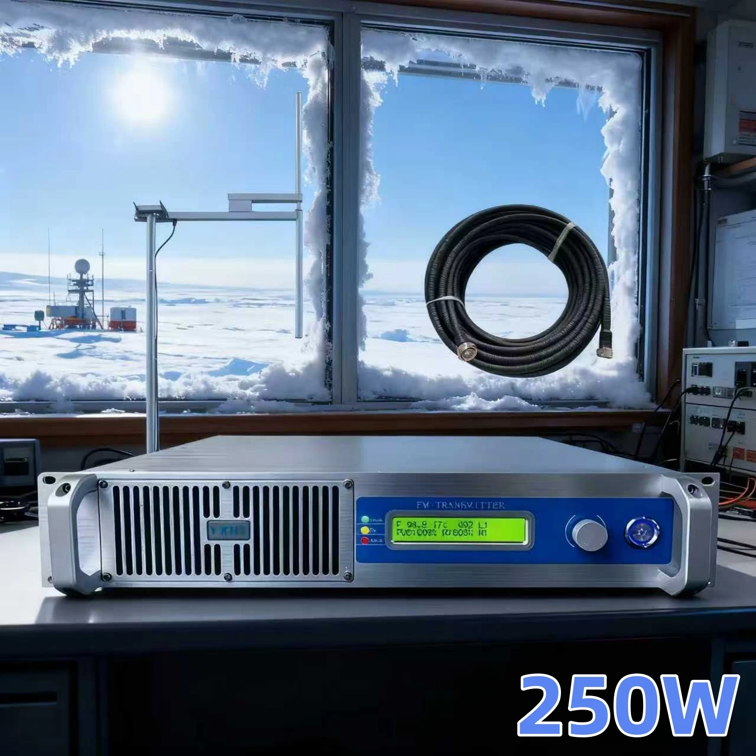 

HP- 250W FM Transmitter with Antenna & Cable – Cold-Resistant High-Quality Stable for Polar & Field Scientific Expeditions