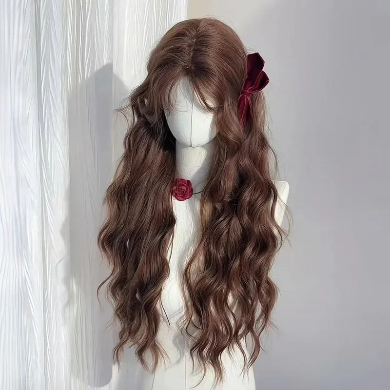 أنثى شعر مستعار الخريف الكستناء البني الصوف لفة كسول مزاجه طويل مجعد الشعر محاكاة غطاء رأس كامل