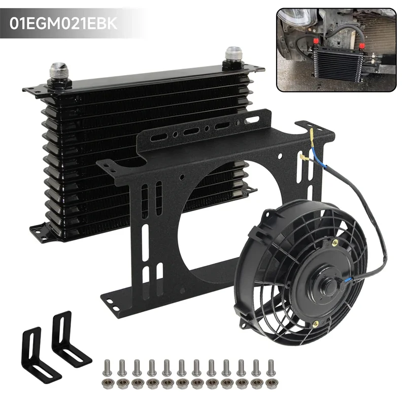 Ölkühler Universal 13-reihiges Getriebe 10AN 7/8"-14 UNF + 7" Elektrischer Lüfter-Kit mit neuer Typ-Montagehalterungssatz Schwarz/Blau
