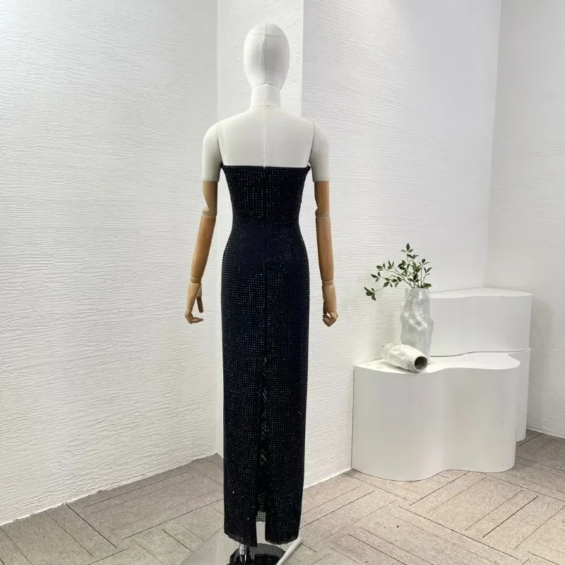 Women's Deep-V Tube Top Dress Sexy Clothes Black Club Collection Diamonds Pressed Sleeveless Slit Hem Maxi Dress New Arrivals