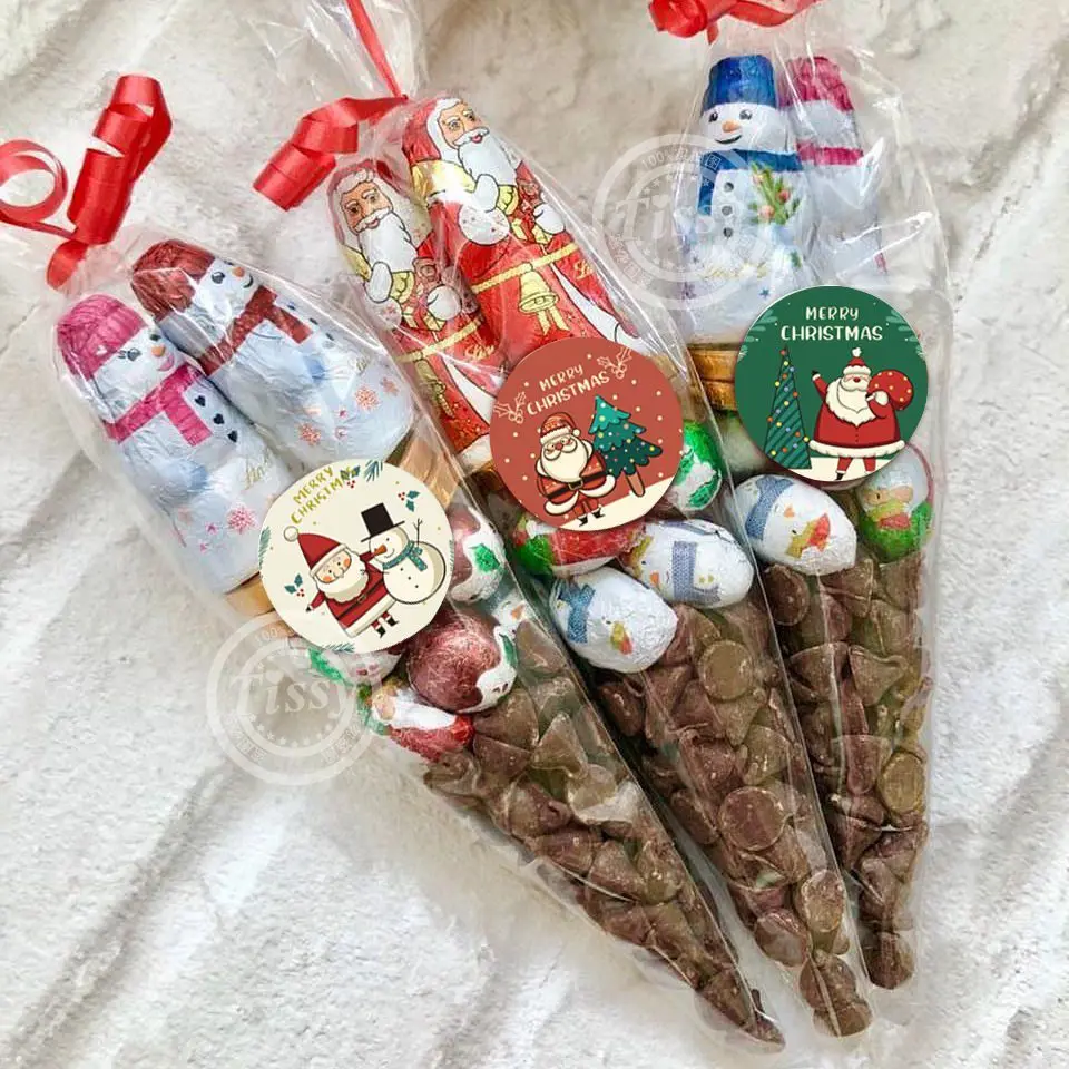 50/500pcs Christmas Transparent Sweet Cones Bags with Paper Stickers Plastic Candy Bag for Christmas DIY Candy Wrapping Supplies