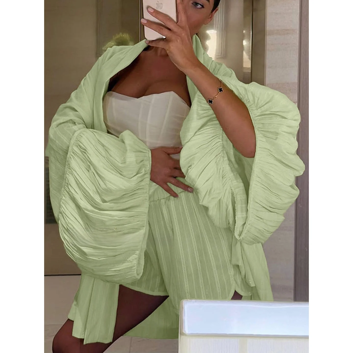 

Cotton Bubble Sve Tie Waist Cardigan orts Set Women's Faion Ensemble Winter Season Fem Applicable No Brand