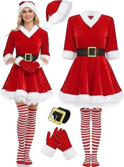 Robe Mère Noël en Velours avec Chaussettes Rayées et Bonnet de Lutin – photo 3