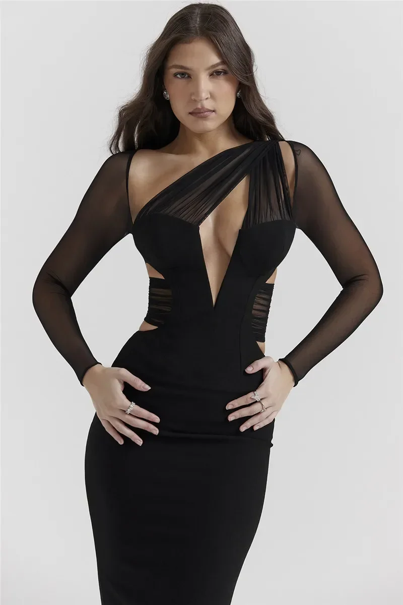 Mulheres Elegante Oco Out Vestido Maxi, Sexy Bodycon, Malha, Manga Pura, Clube, Festa, Impressão, Longa, Novo, Moda, CSM7JY23718