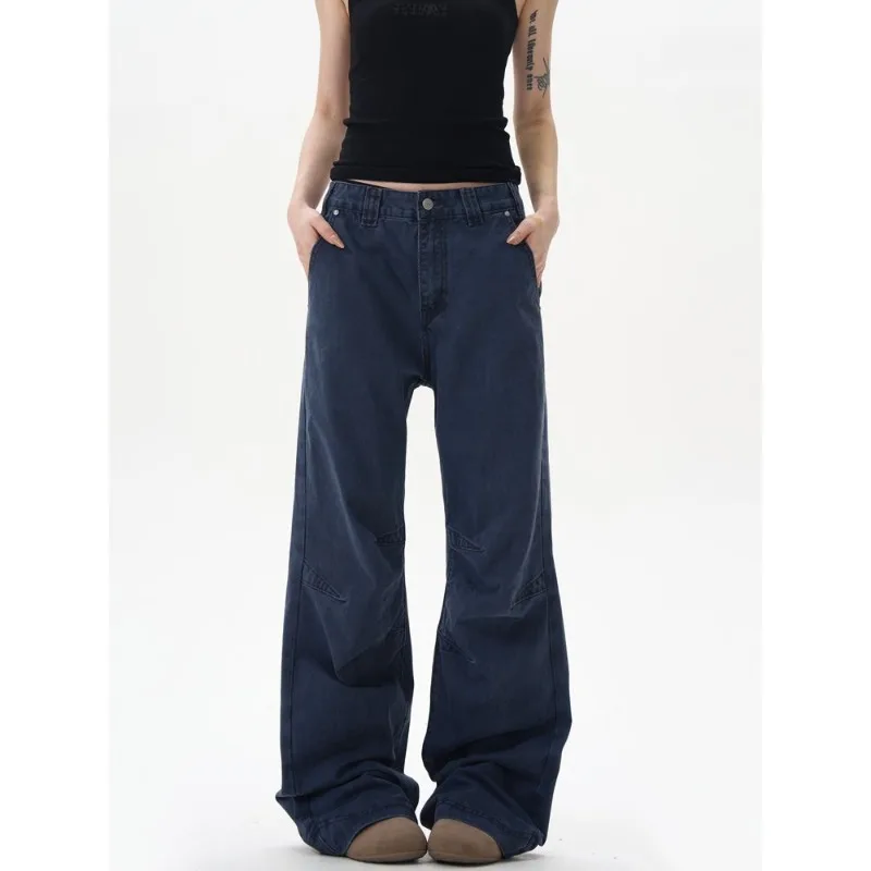 Retro Split Pleated Dark Straight Pants New Trendy Brand Slightly Stretched Loose Wide-leg Casual Jeans