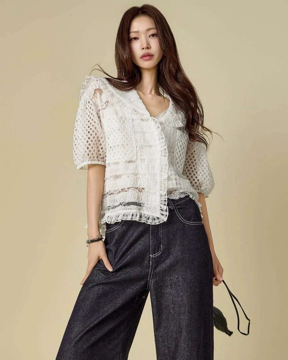 

Elegant Lace Bubble Sleeve Collared Short Shirt Dongda Gate Women's Fashion Breathable Polyester Fiber V-neck Button Closure