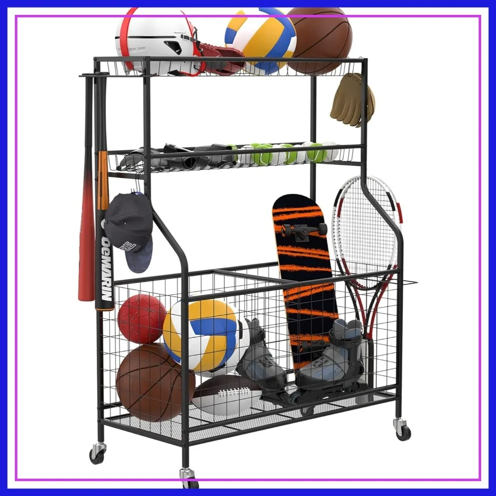

Garage Ball and Sports Equipment Organizer, Rolling Ball Cart Storage Rack for Indoor/Outdoor Use