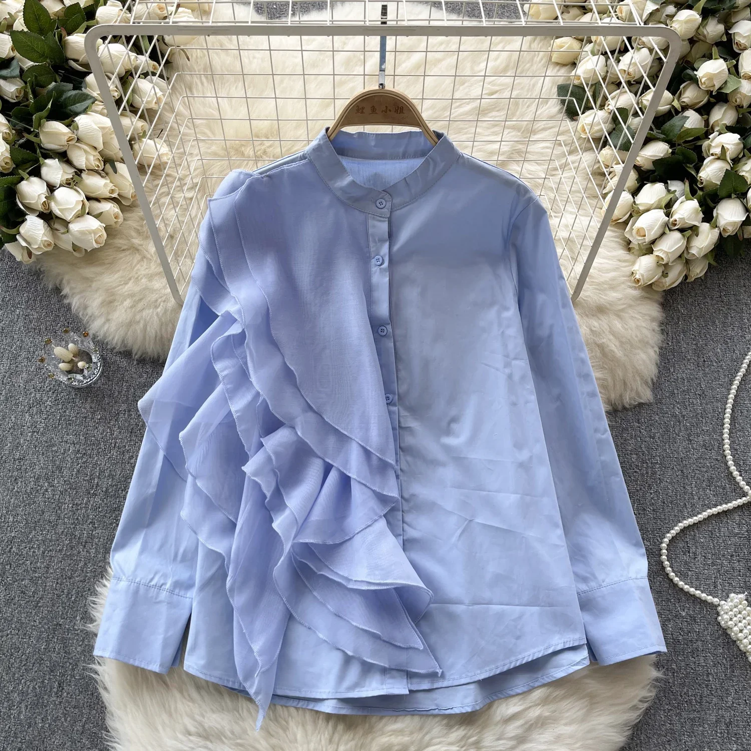 Vintage Spliced Stand Long Sleeve Ruffle Single Breasted Casual Slim Chic Thin Women Korean Streetwear Spring Autumn Women Shirt