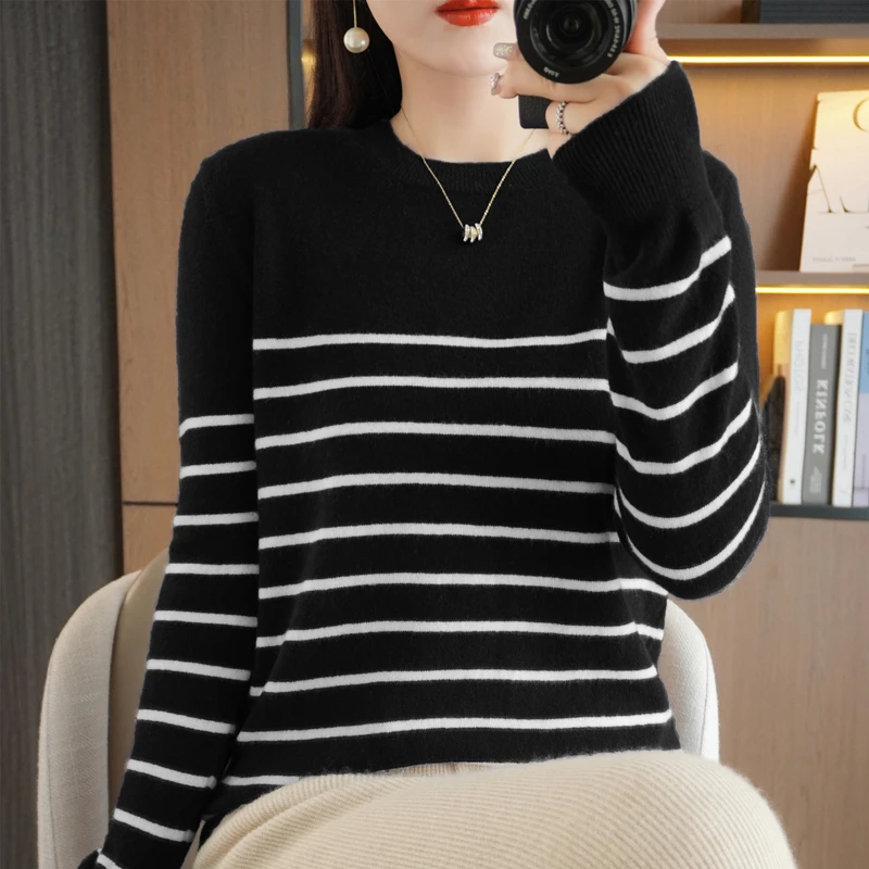 Spring And Autumn Striped Sweater Women\'s New Loose Crew-Neck Pullover Long Sleeve With Bottom Wool Sweater2024