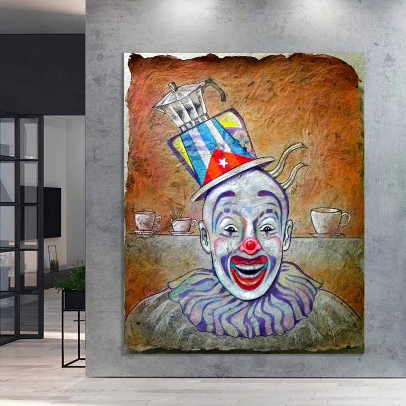 Funny Clown Canvas Painting Coffee Cup on Clown Head Wall Art Print Poster and Picture for Kitchen Home Decor Cuadros No Frame