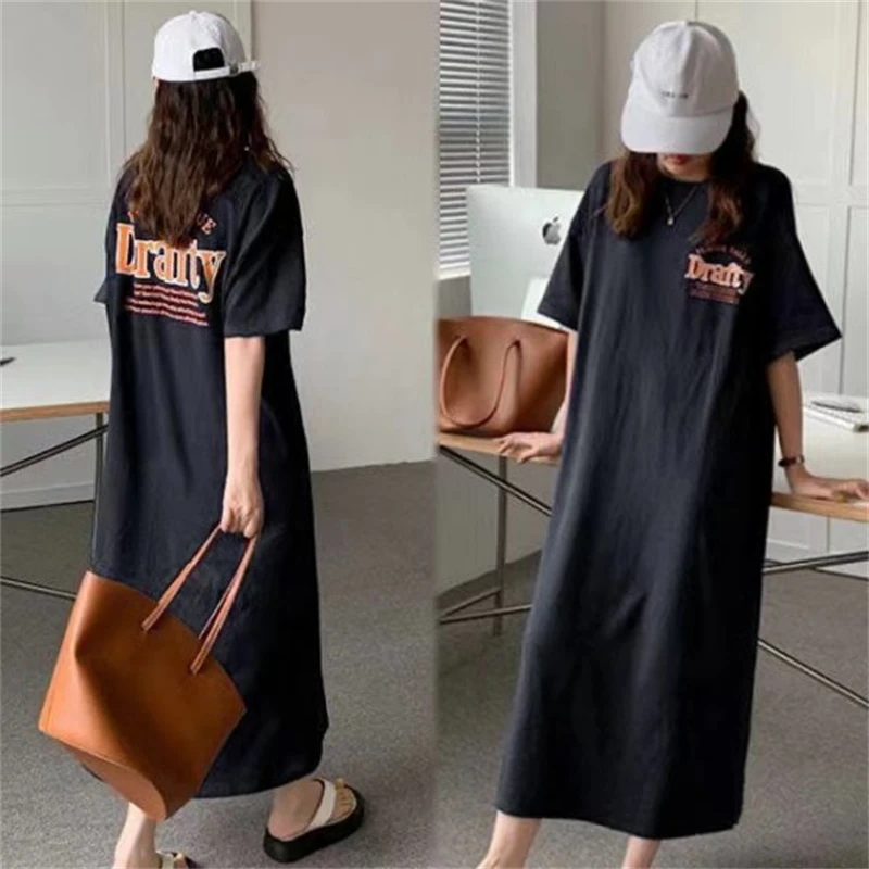 New Korean Fashion Split Letter Printed T-Shirt Long Dress Over Knee Fat Sister Dark Blue Black Dress Women's Wear