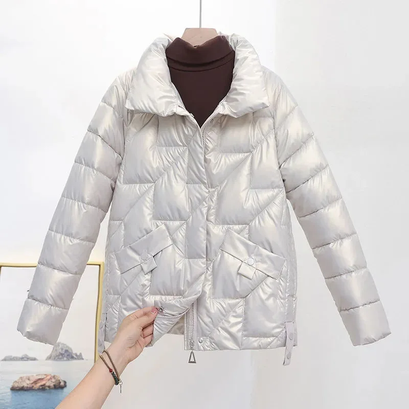 Women Jacket 2023 New Winter Parkas Female Glossy Down Cotton Jackets Stand Collar Casual Warm Parka Short Coat Female Outwear