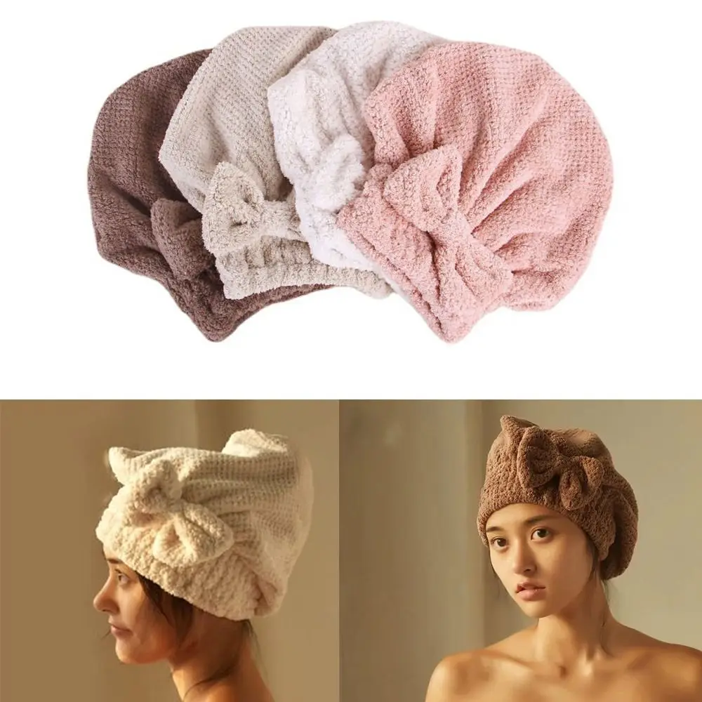 Coral Velvet Quick Hair Drying Towel Bowknot Wrap Towel Hat Cap Thicken Bonnets for Women Bathroom Accessories Solid Color Towel