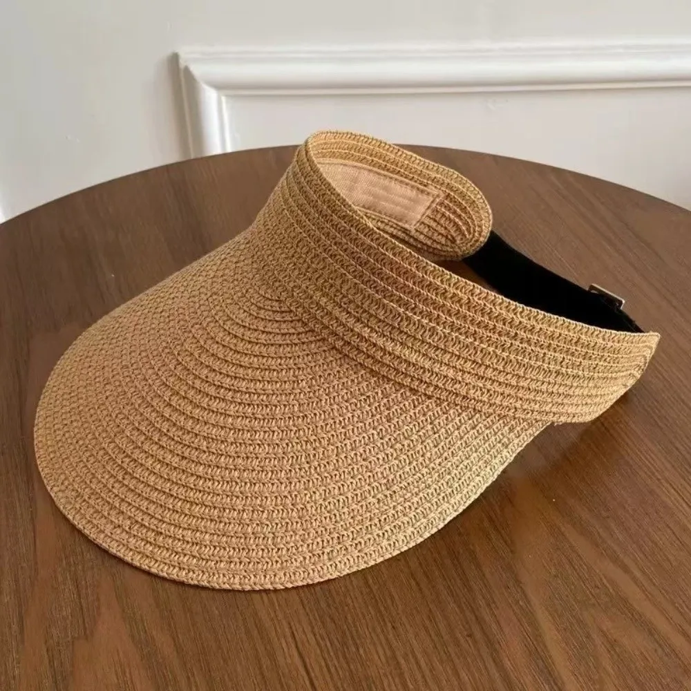 Simple Solid Color Straw Sun Cap Breathable Foldable Summer Visors Hat Adjustable Empty Top Hat Wide Brim Beach Hat Summer