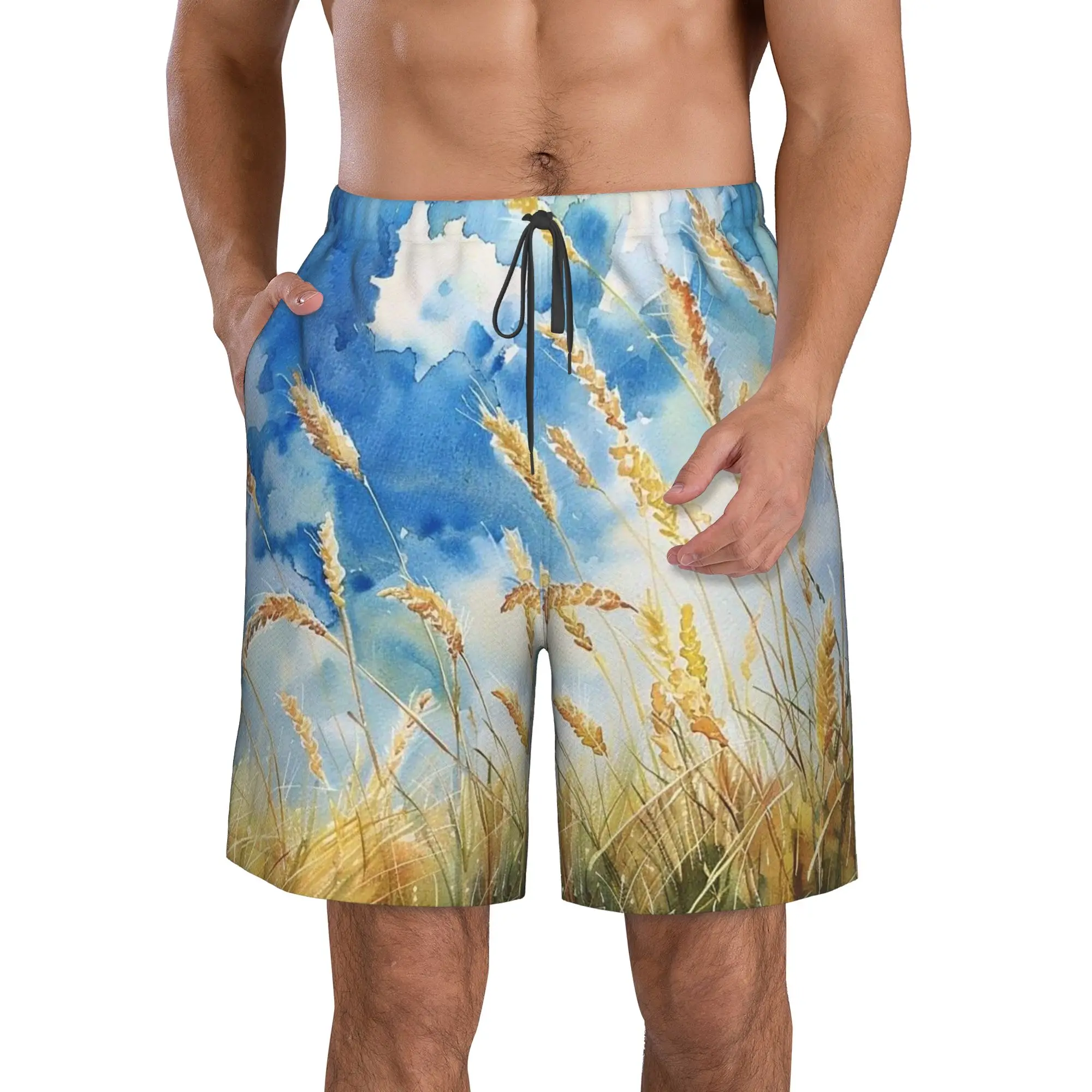 Artistic Reeds And Grasses Painting Trunks Beach Board Shorts Casual Quick Dry Swim Summer Men Pants