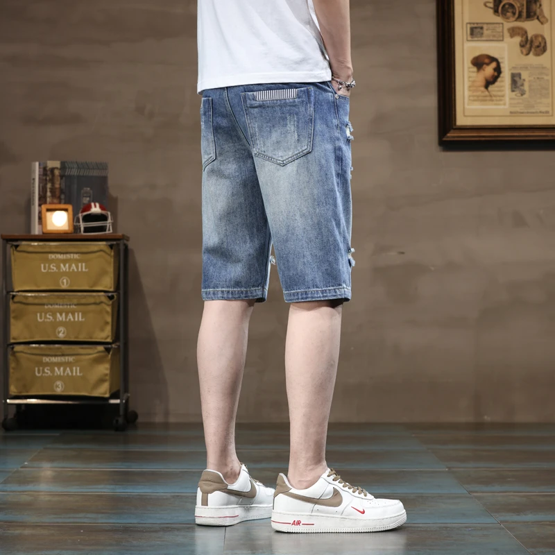 2024 Summer Ultra Thin Cotton Men\'s Denim Shorts Blue Stretch Straight Fashion Casual Ripped Jeans Shorts Male Classic Style