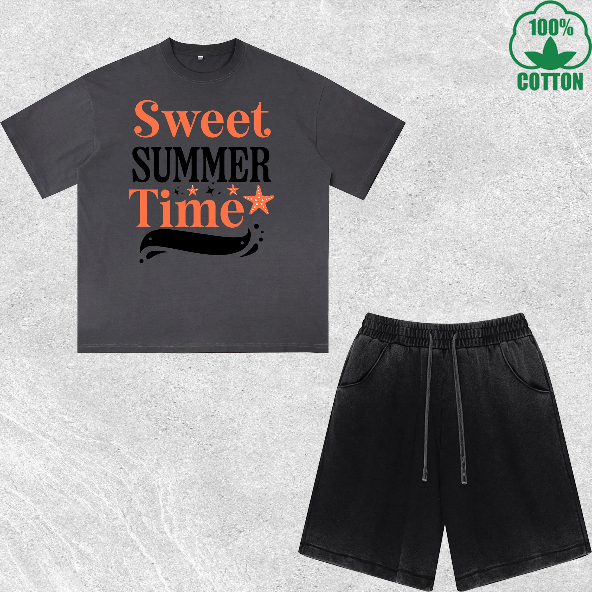 

Sweet Summer Time Printed Dirty Wash T-Shirt Shorts Set Combo Loose Trendy Fashionable 100%Cotton Black Suit