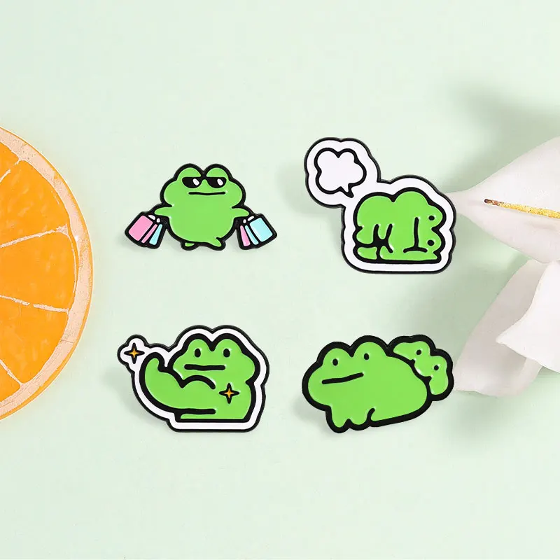 Cartoon Green Frog Enamel Pins Funny Shopping Muscle Frog Cute Animal Brooches Lapel Backpack Badge Jewelry Gifts for Friends